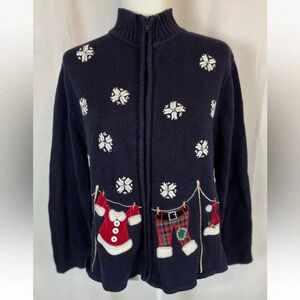 Crystal Kobe Blue Christmas Zip cardigan Sweater Santa's clothes‎ snowflakes M